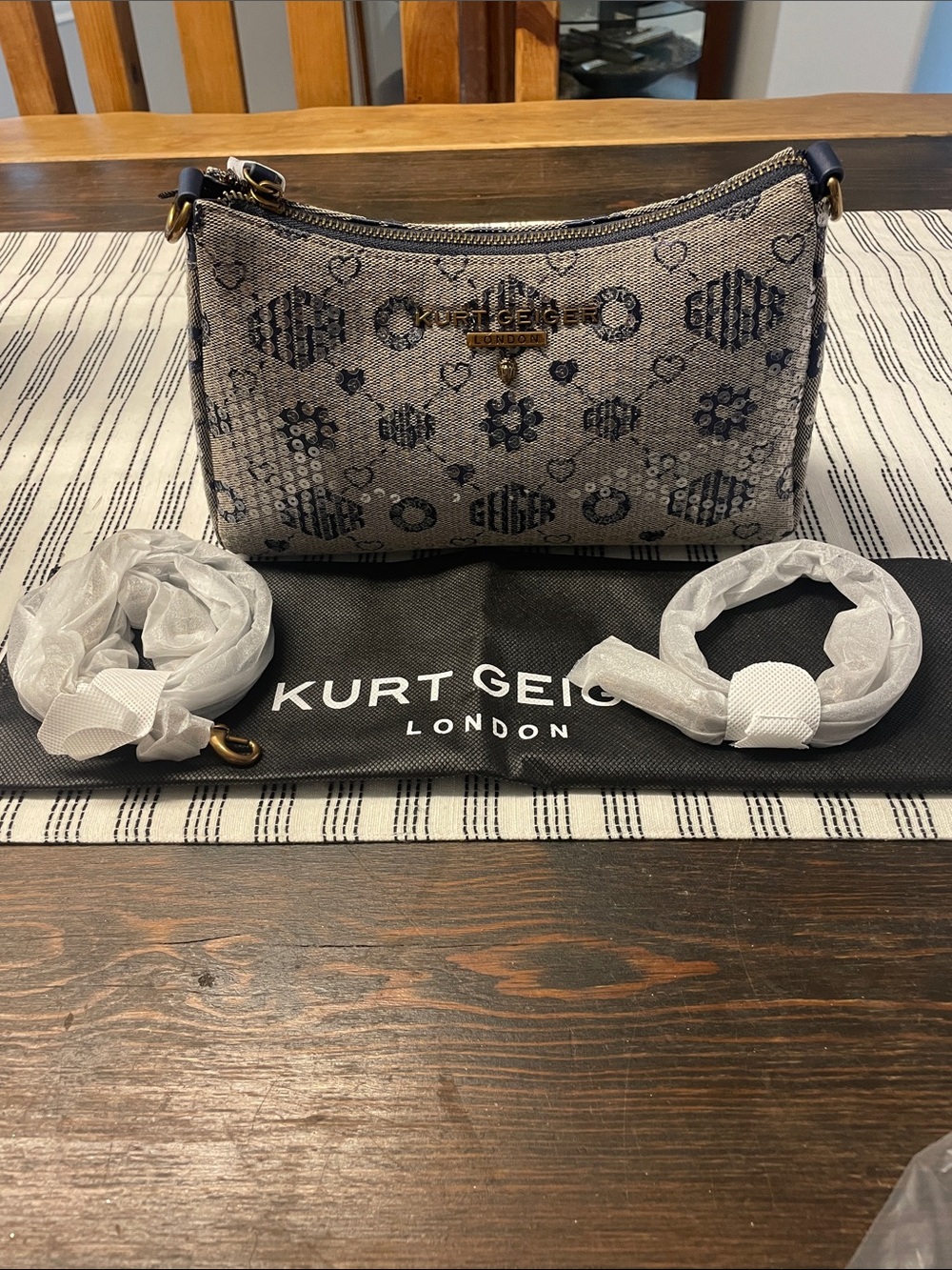 Kurt Geiger Navy Jacquard Floral Heart Crossbody Bag with Sequins